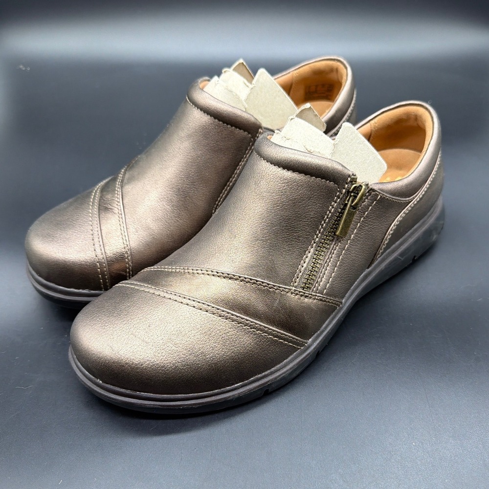 Clarks Artisan Womens 9 W Bronze Metallic Leather Side Zip Comfort Loafers Shoes